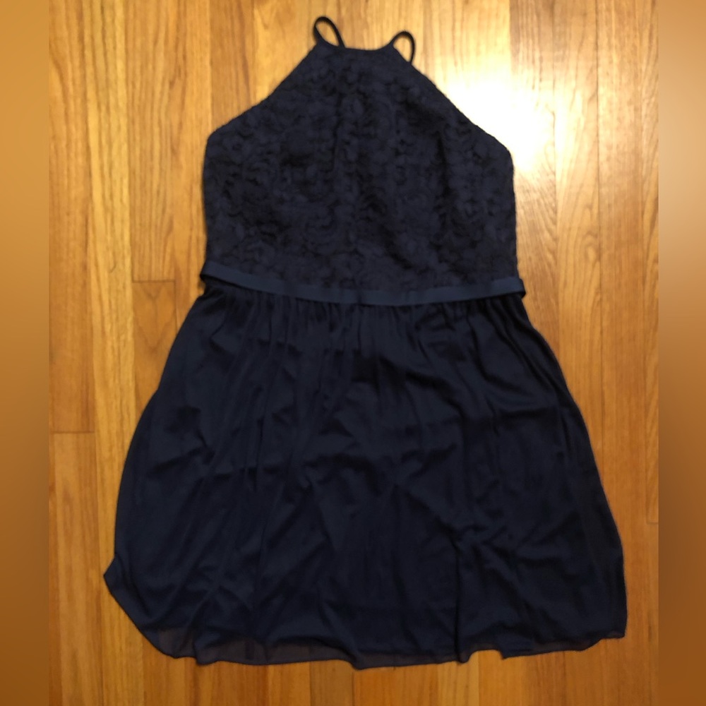 Navy open back dress (David’s Bridal)